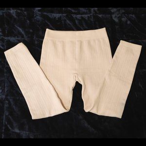 White Fleece Lined Leggings with Herringbone